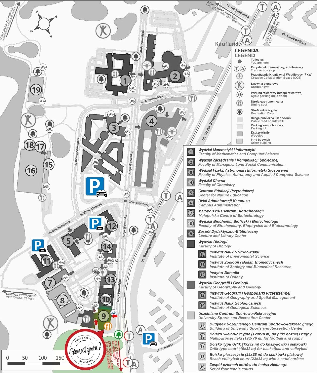 Mapka dojścia i parkowania przy bistro Gronostajowa 7 na Kampusie UJ